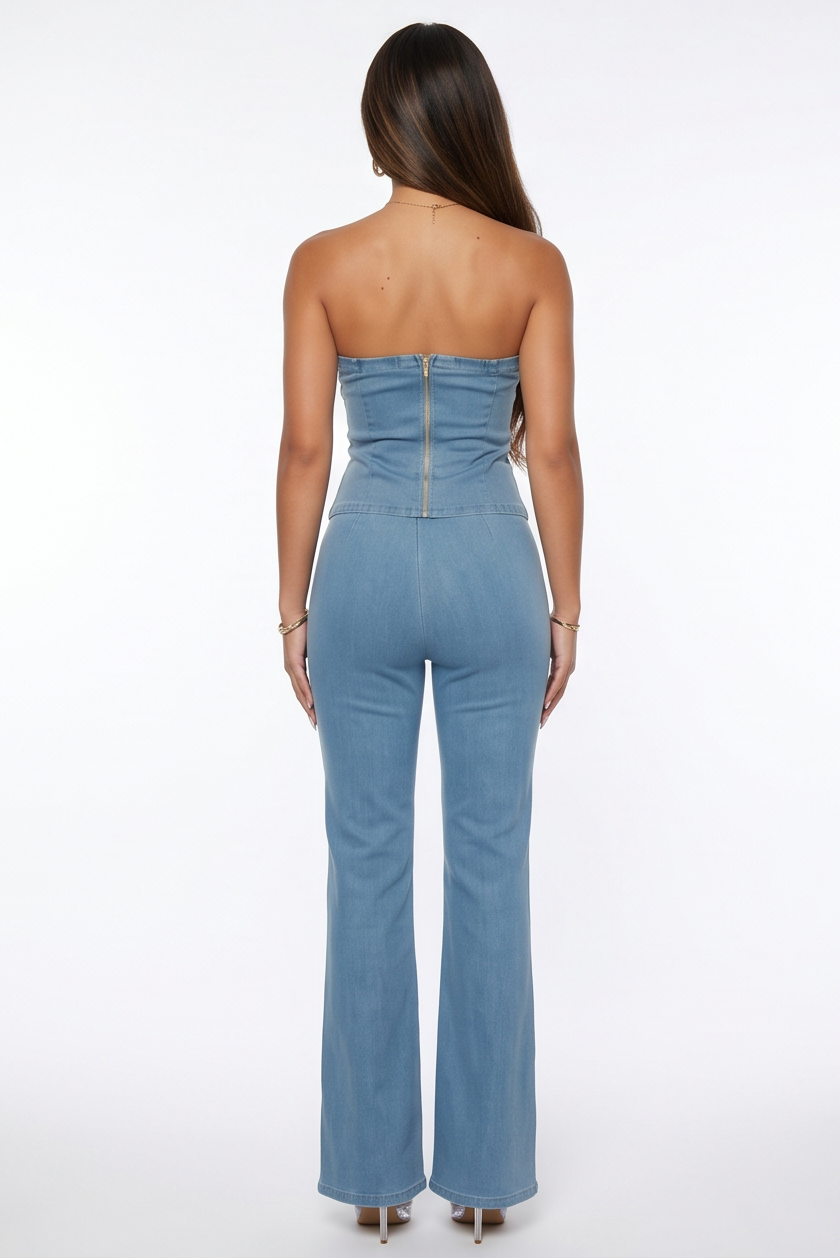 Morgan Gold Trim Detail Strapless Denim Two Piece Pant Set
