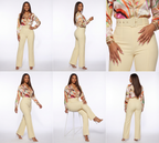 Woman wearing a colorful blouse and beige pants in various poses on a white background
