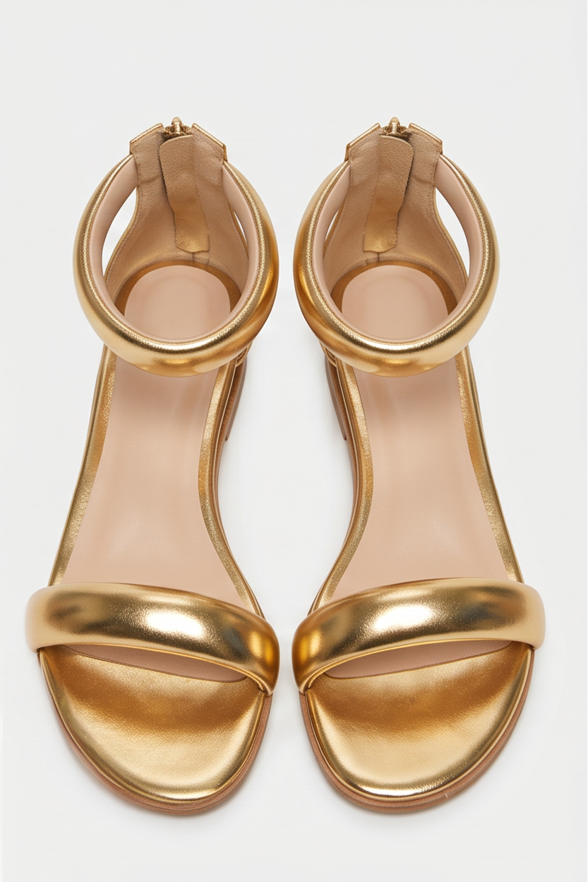 Gold flat sandals displayed on a white background