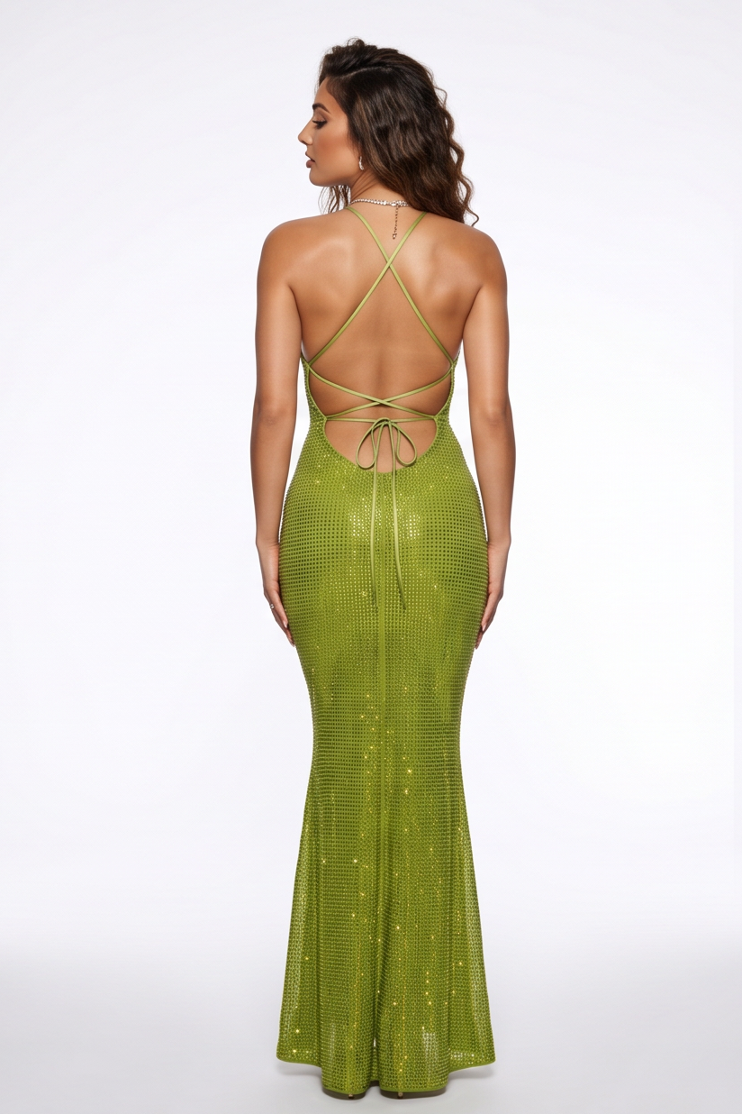 Paloma Beaded Rhinestones Halter Maxi Dress