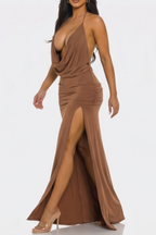 Rachelle Deep V Cowl Neck Open Back Maxi Dress