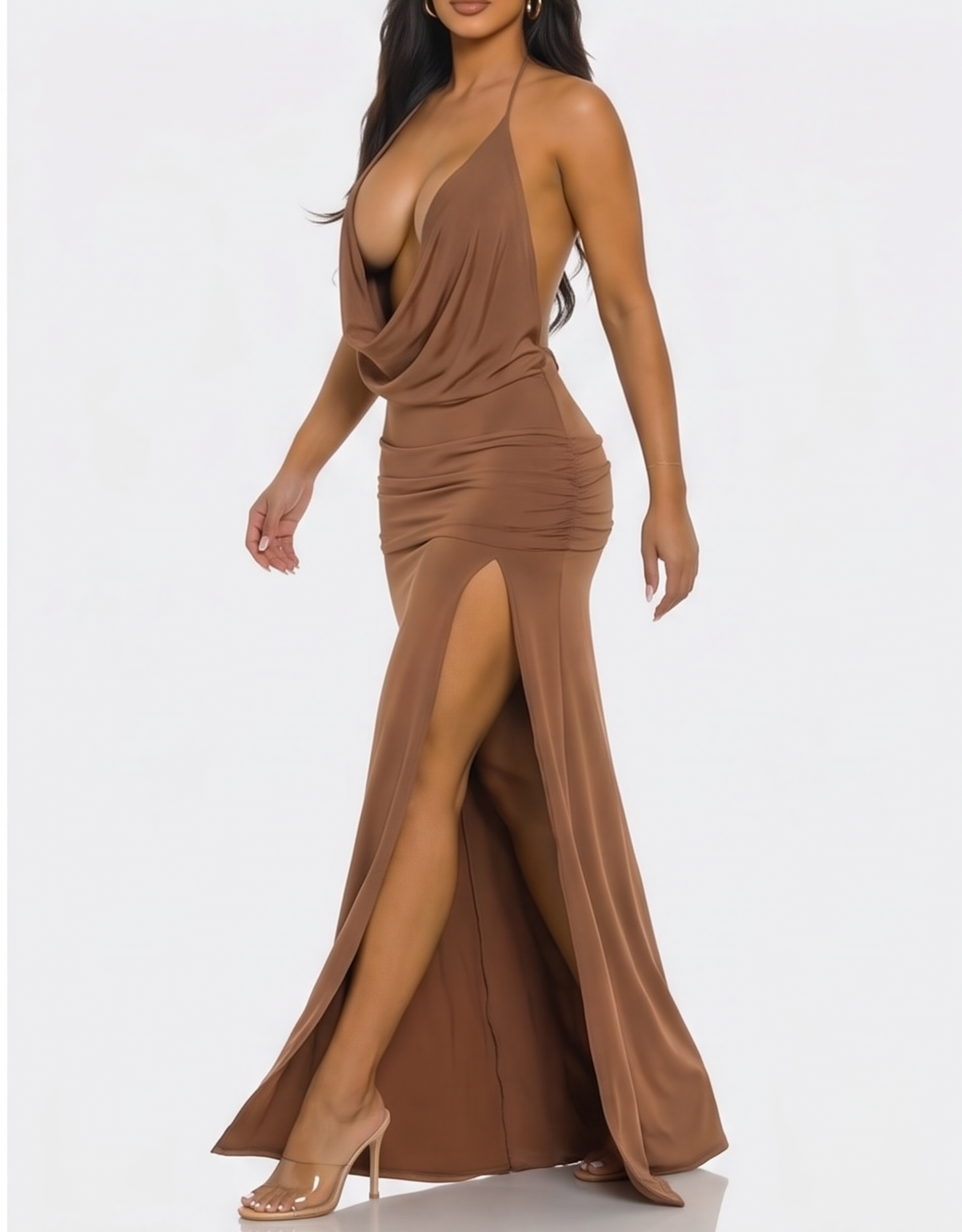 Rachelle Deep V Cowl Neck Open Back Maxi Dress