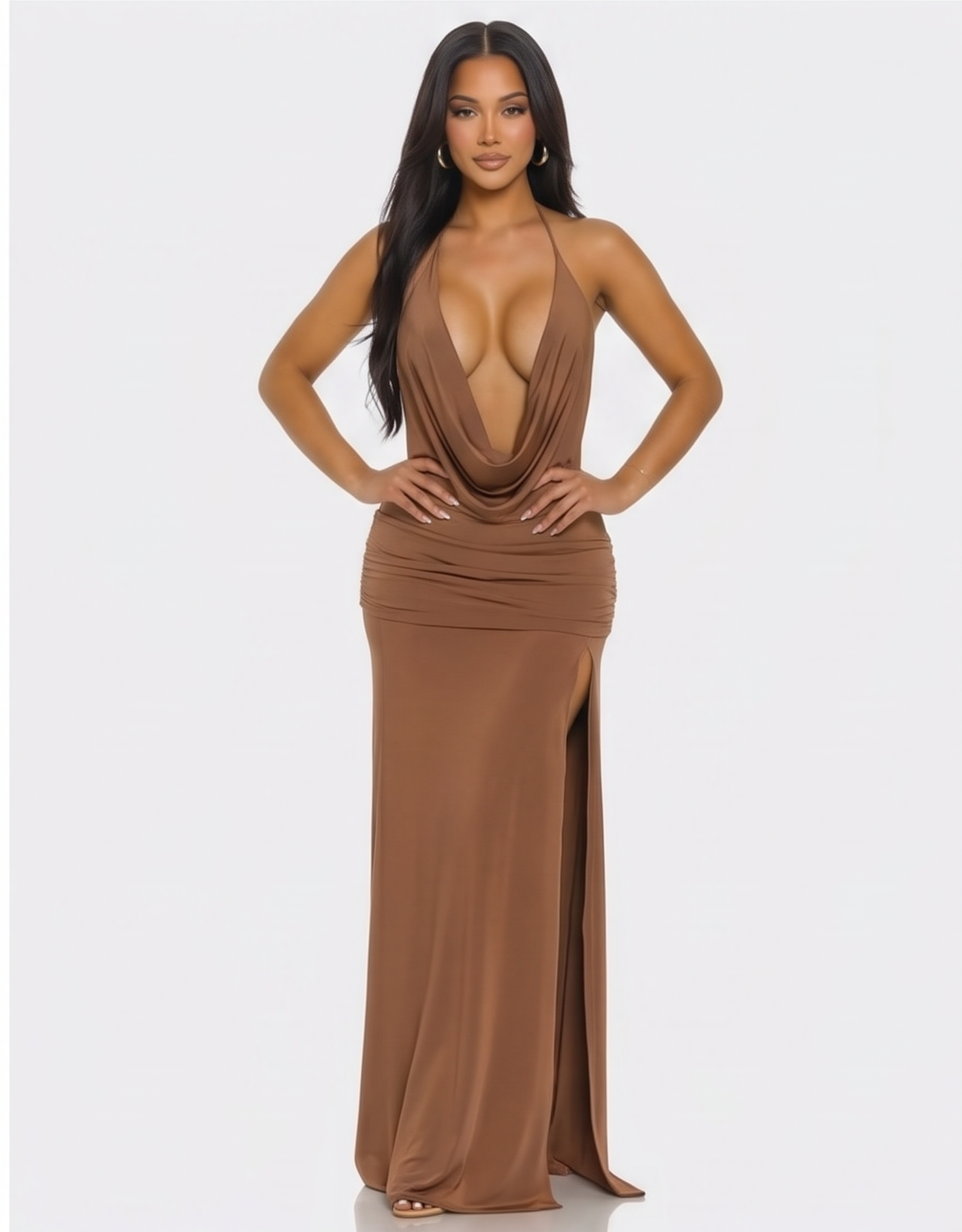 Rachelle Deep V Cowl Neck Open Back Maxi Dress