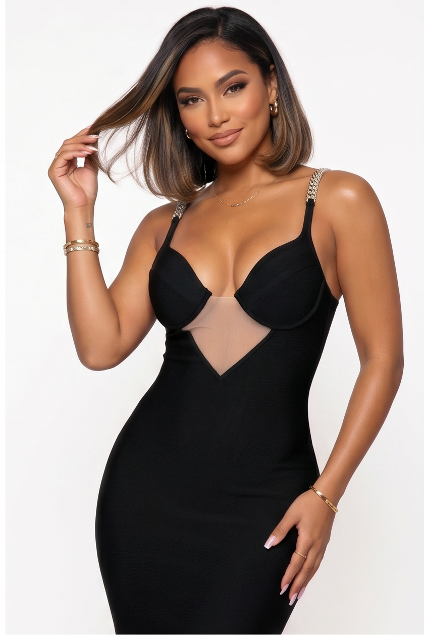 Regina Chain Strap Deep V Bandage Mini Dress