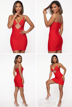 Red dress worn by a model in various poses on a white background