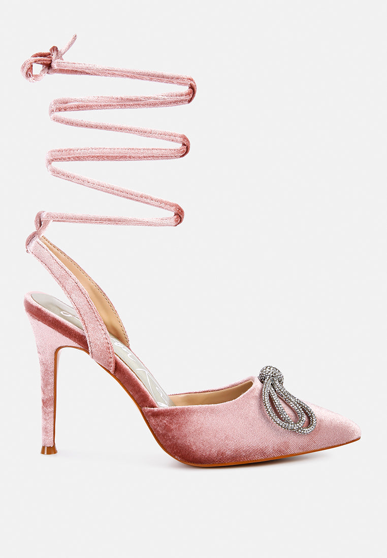 Dora Rhinestone Bow Detail Lace Up High Heel Sandals