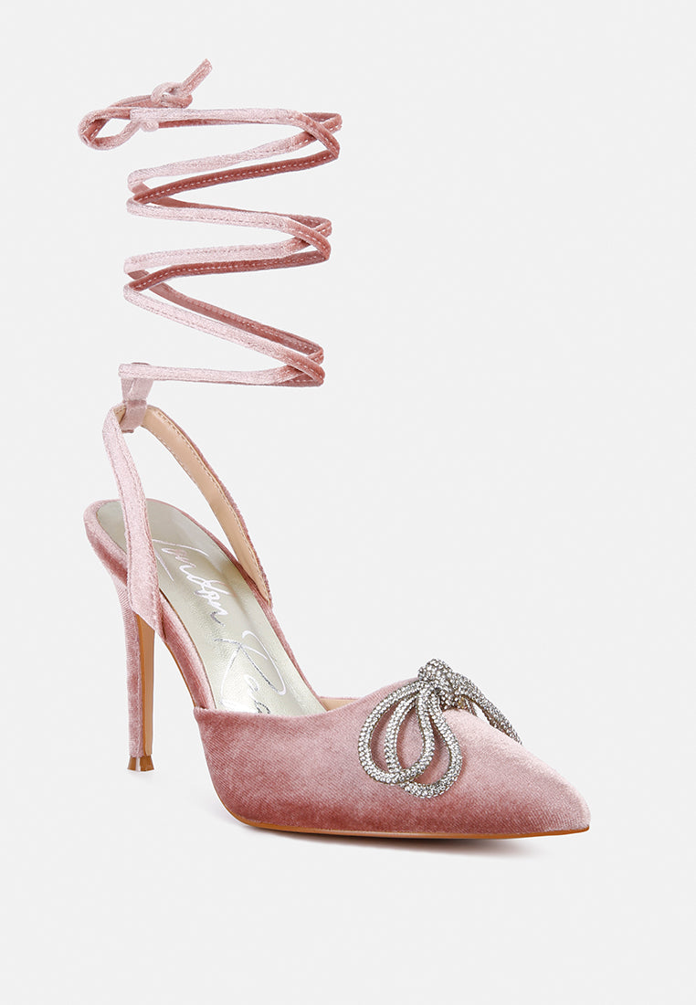 Dora Rhinestone Bow Detail Lace Up High Heel Sandals