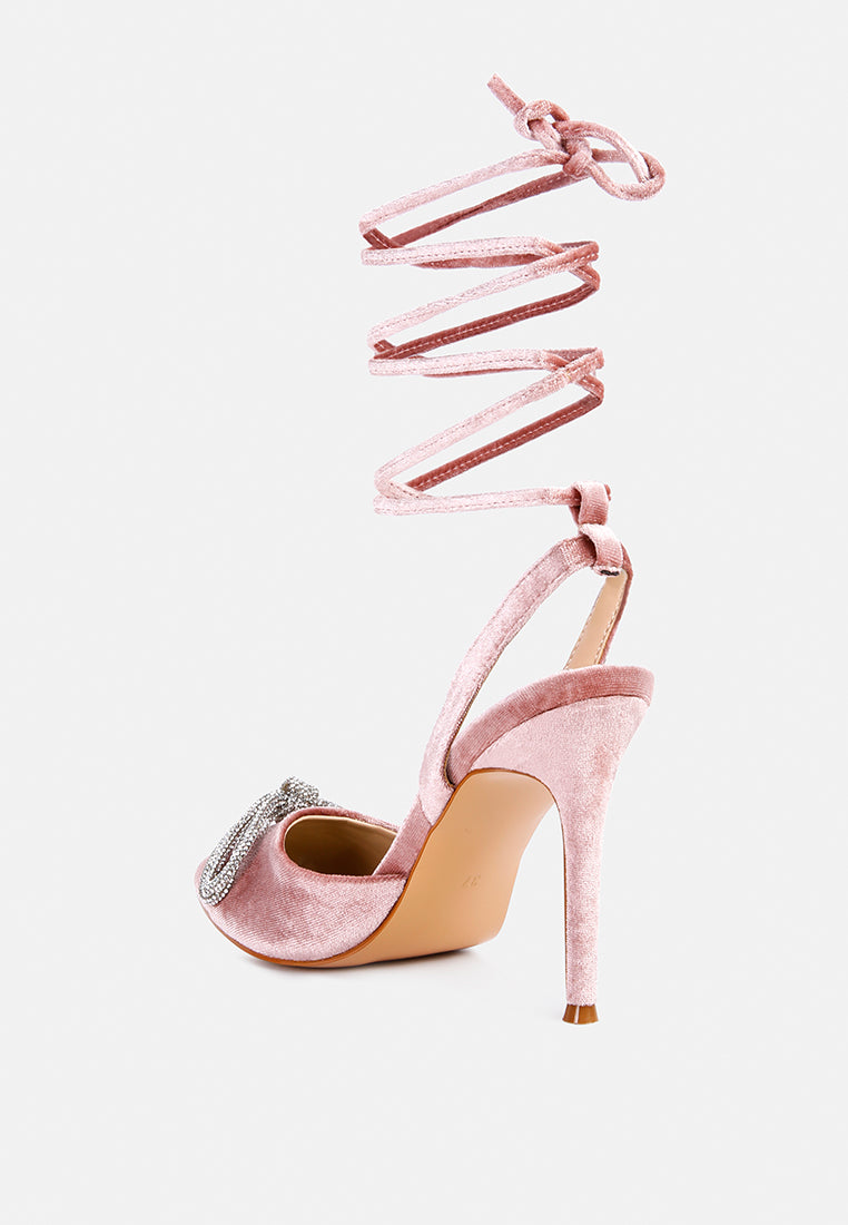 Dora Rhinestone Bow Detail Lace Up High Heel Sandals