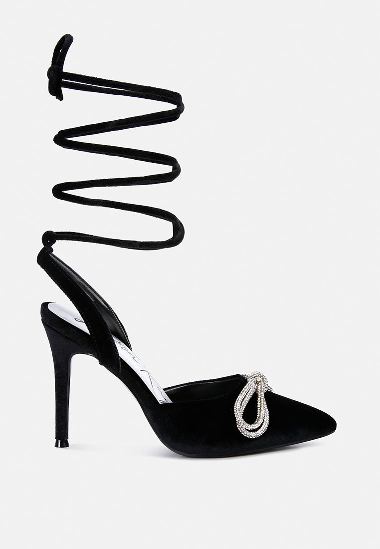 Dora Rhinestone Bow Detail Lace Up High Heel Sandals