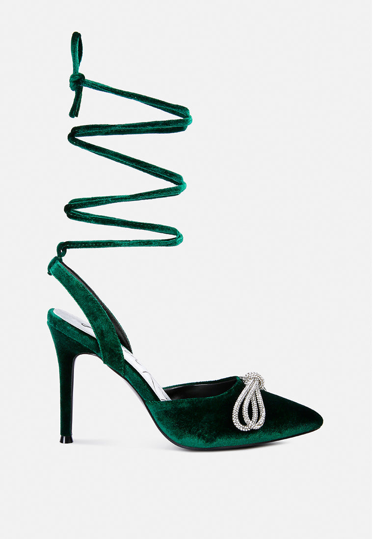 Dora Rhinestone Bow Detail Lace Up High Heel Sandals