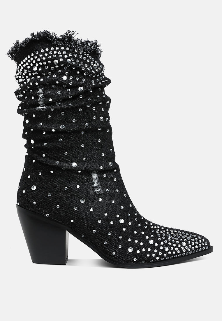 Jolene Diamante & Rhinestones Mid Calf Denim Cowgirl Boots