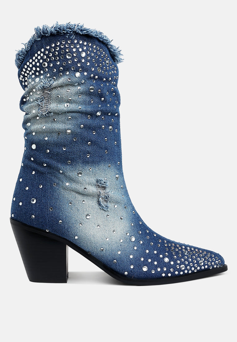 Jolene Diamante & Rhinestones Mid Calf Denim Cowgirl Boots