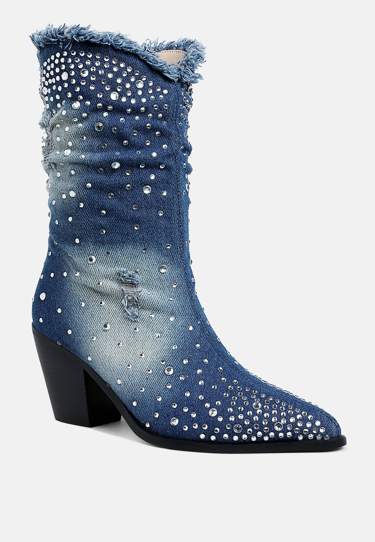 Jolene Diamante & Rhinestones Mid Calf Denim Cowgirl Boots
