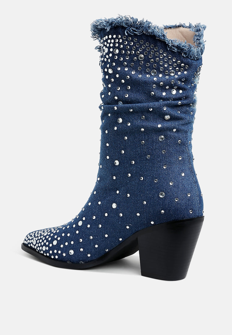 Jolene Diamante & Rhinestones Mid Calf Denim Cowgirl Boots