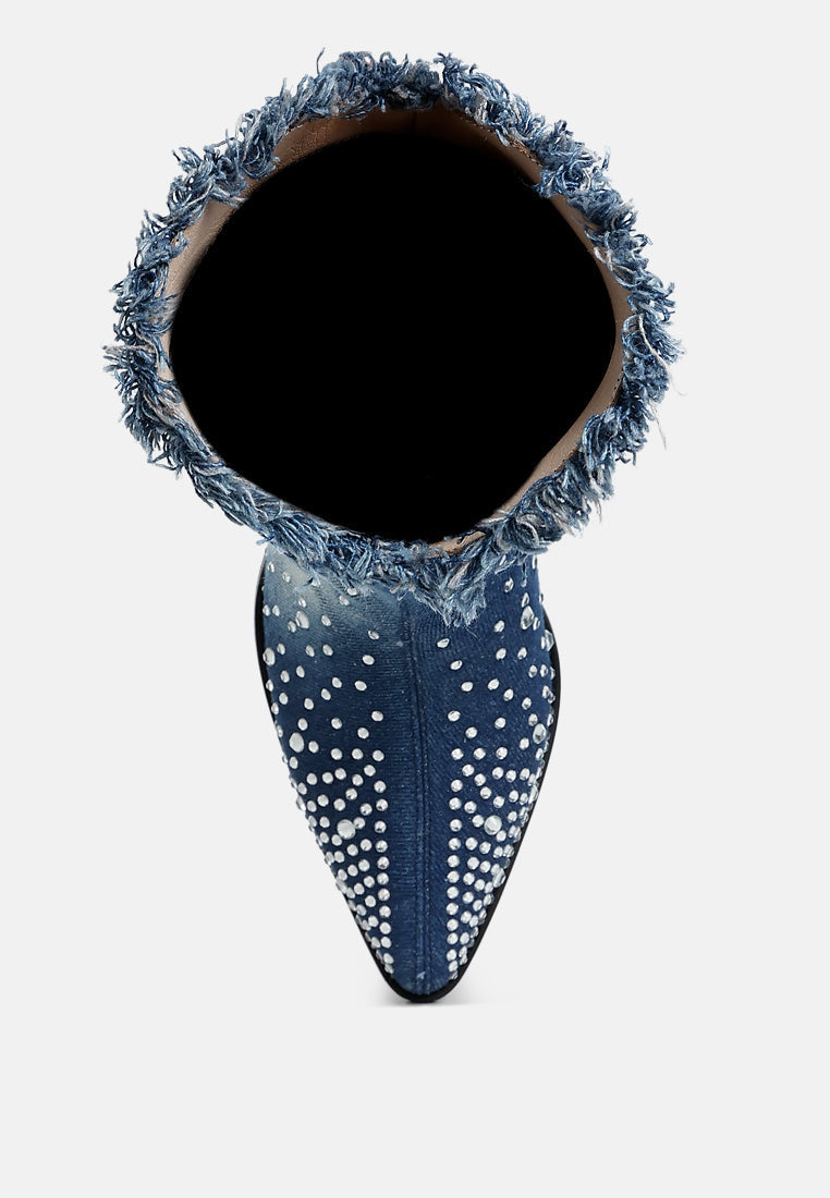 Jolene Diamante & Rhinestones Mid Calf Denim Cowgirl Boots