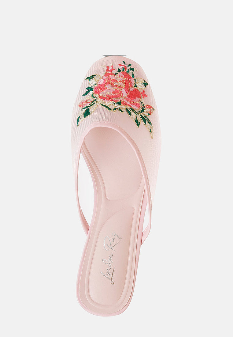 Shara Floral Embroidered Mesh Chinese Slide Flat Mules