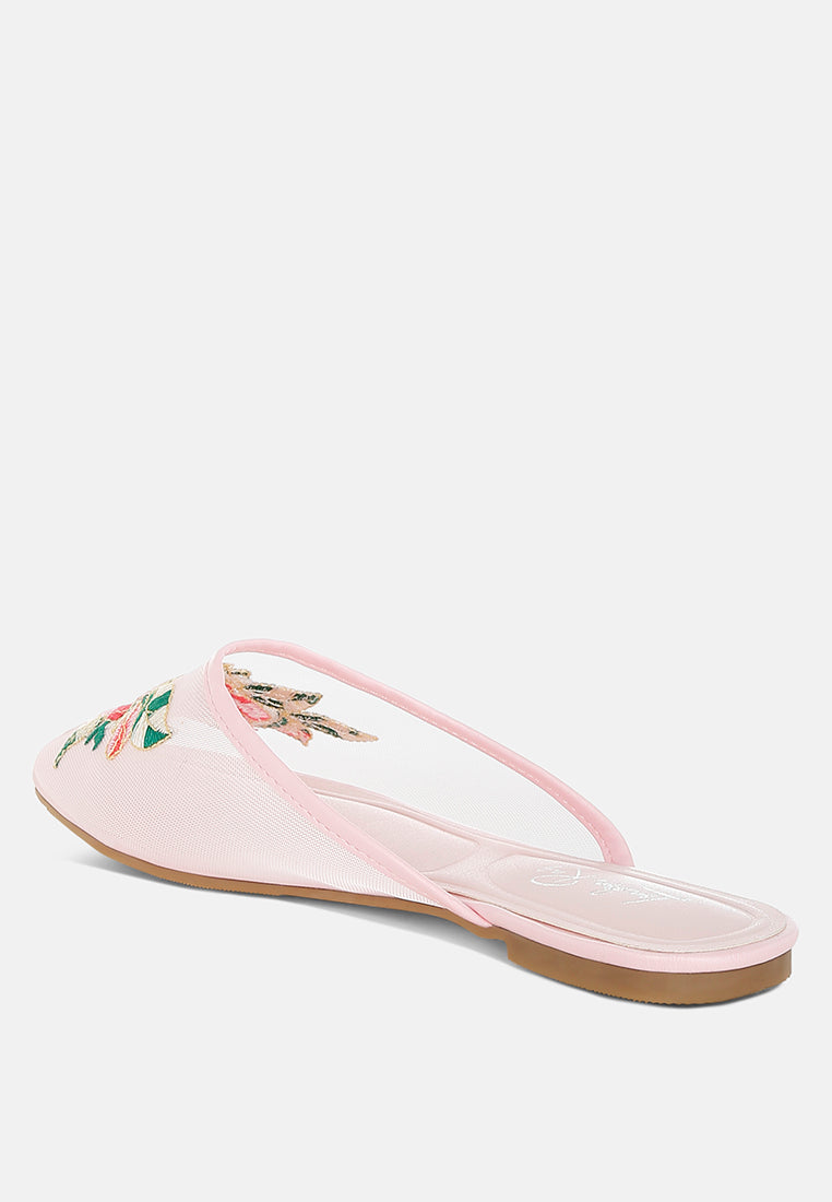 Shara Floral Embroidered Mesh Chinese Slide Flat Mules
