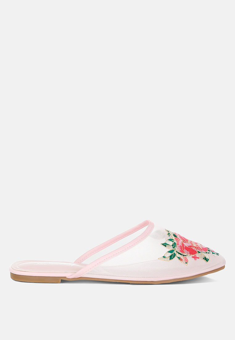 Shara Floral Embroidered Mesh Chinese Slide Flat Mules