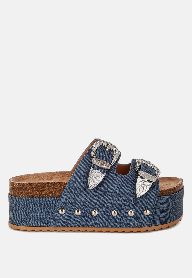 Selene Buckle Detail Faux Leather Slip On Flatform Sandals
