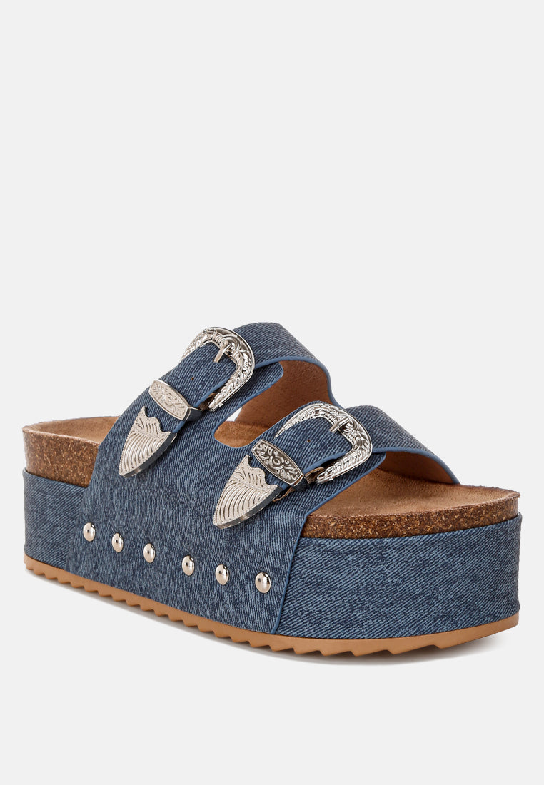 Selene Buckle Detail Faux Leather Slip On Flatform Sandals