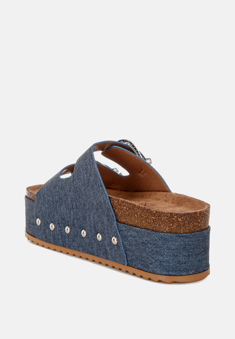 Selene Buckle Detail Faux Leather Slip On Flatform Sandals