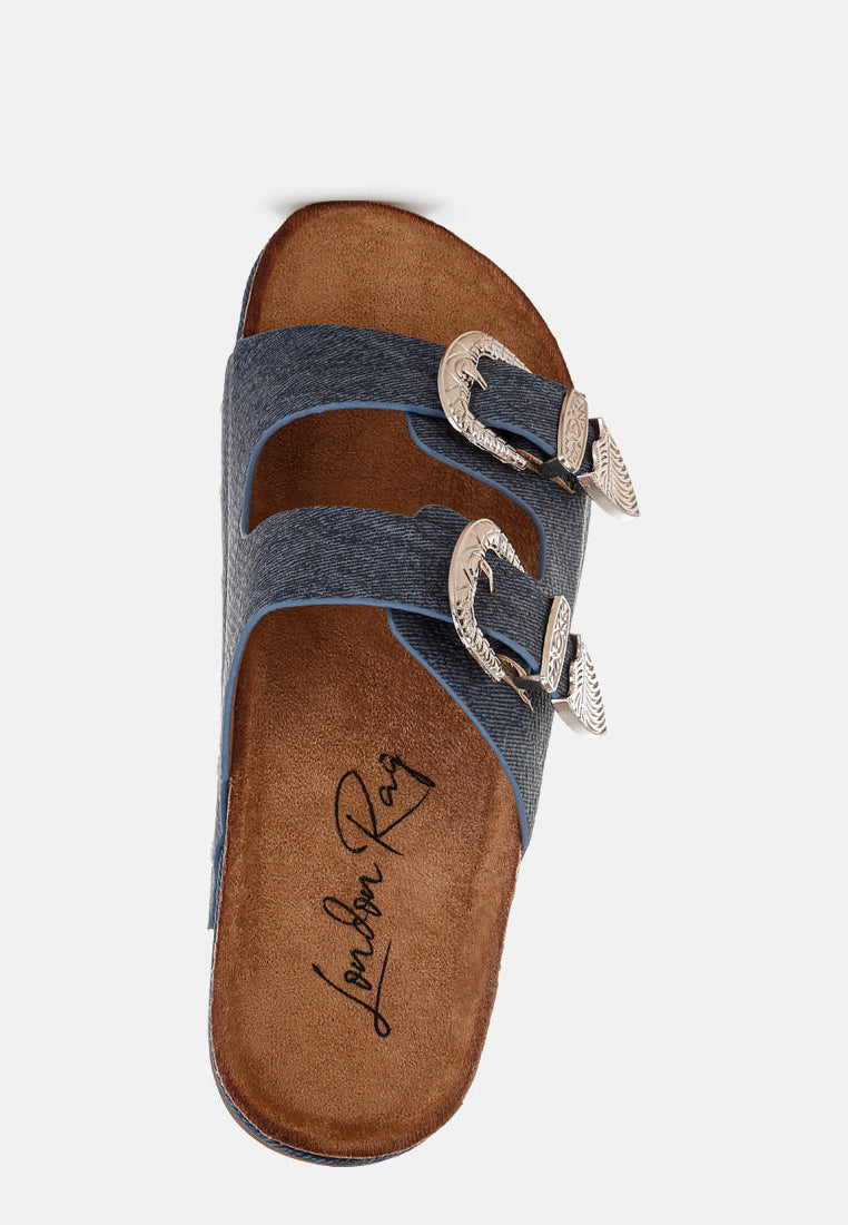 Selene Buckle Detail Faux Leather Slip On Flatform Sandals