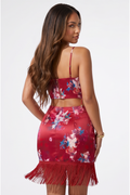 Sakura Floral Print Fringe Open Back Satin Mini Dress