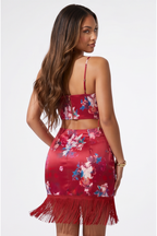 Sakura Floral Print Fringe Open Back Satin Mini Dress