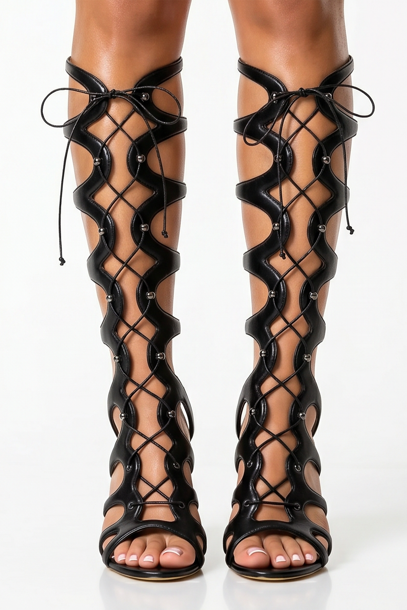 Savannah Knee High Lace Up Gladiator Stiletto High Heel Sandals