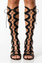 Savannah Knee High Lace Up Gladiator Stiletto High Heel Sandals