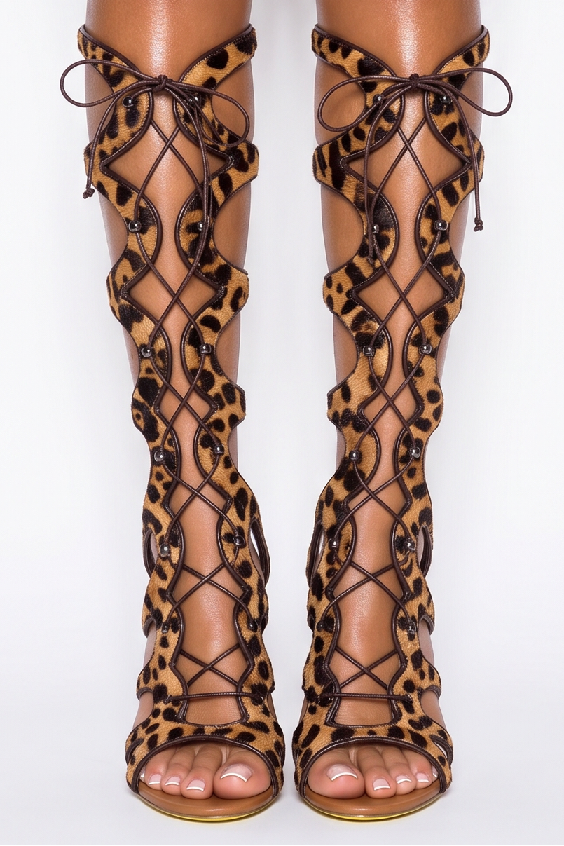 Savannah Knee High Lace Up Gladiator Stiletto High Heel Sandals
