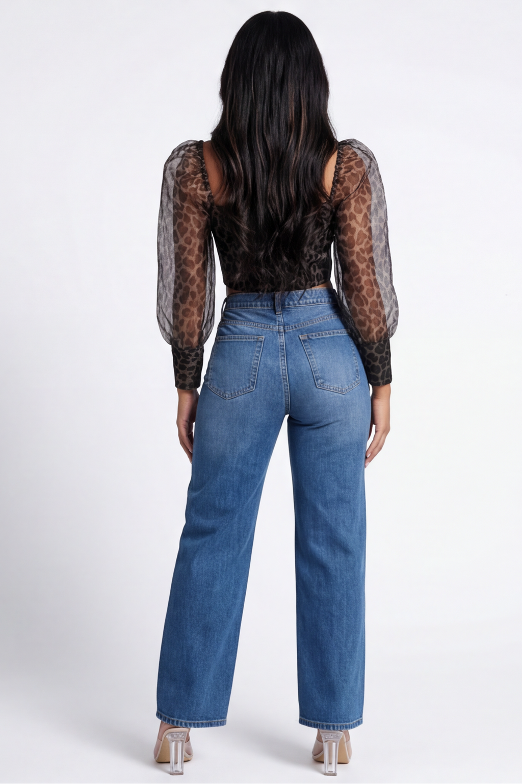 Savannah Sheer Sleeves Zip Front Leopard Print Crop Top