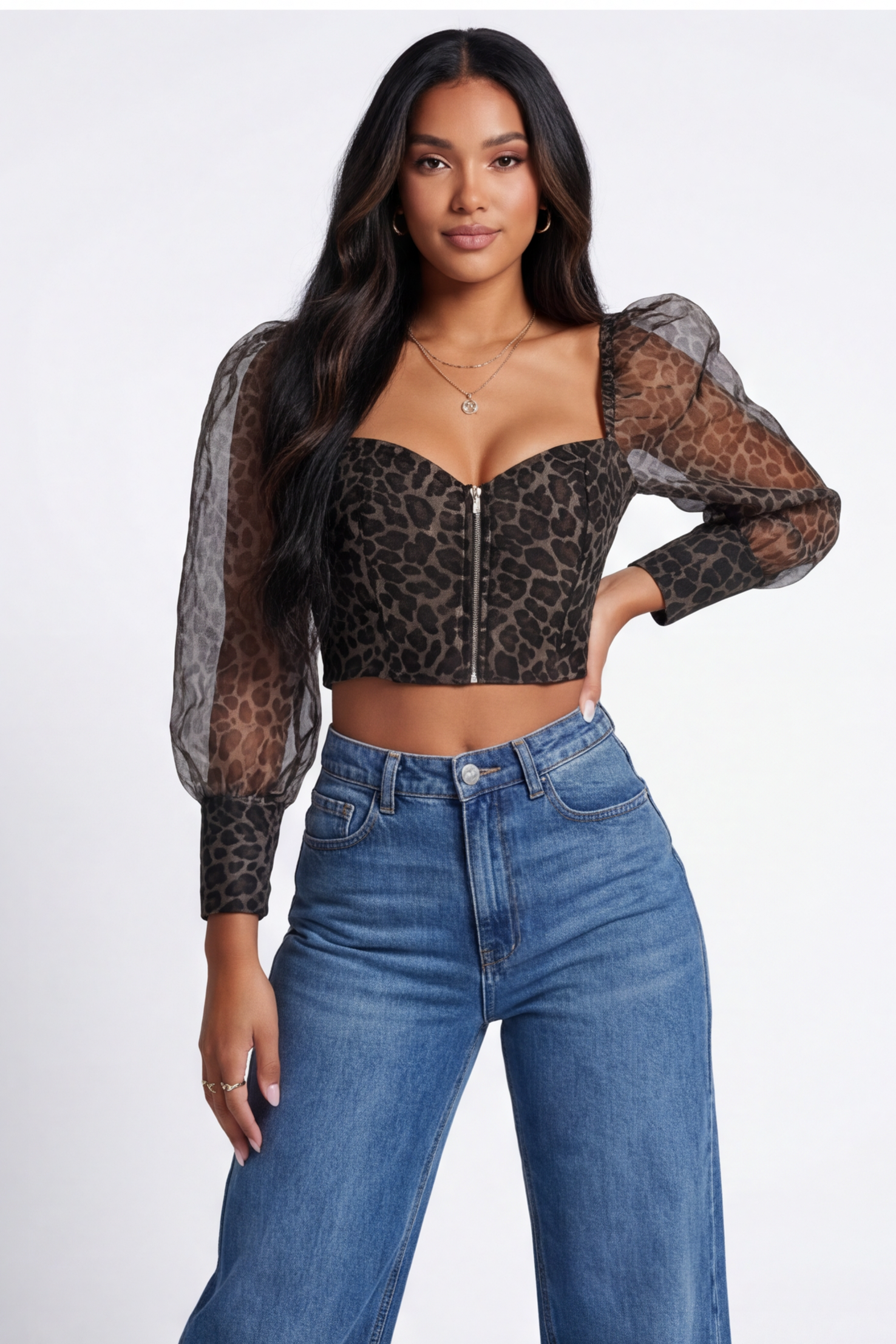 Savannah Sheer Sleeves Zip Front Leopard Print Crop Top