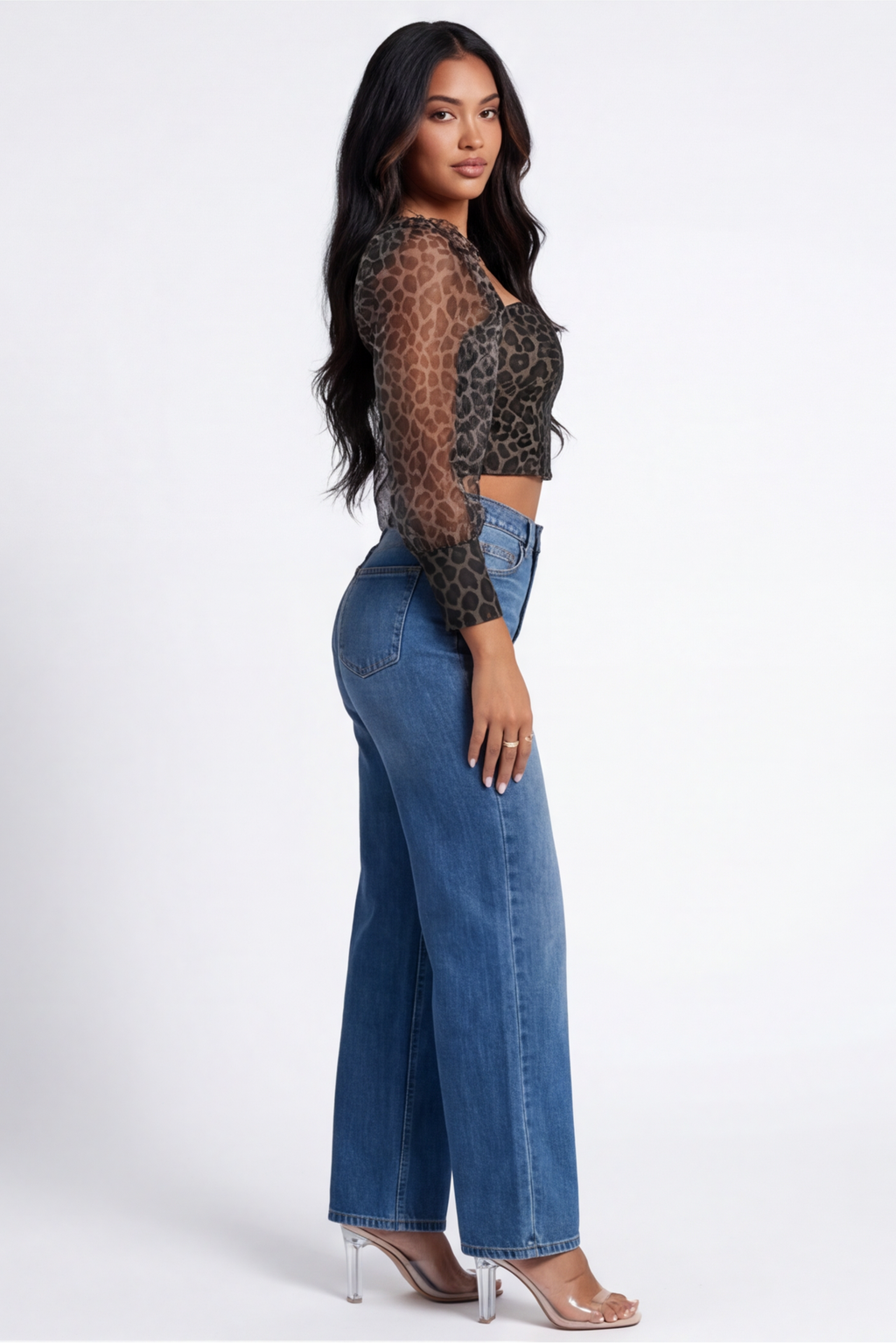 Savannah Sheer Sleeves Zip Front Leopard Print Crop Top