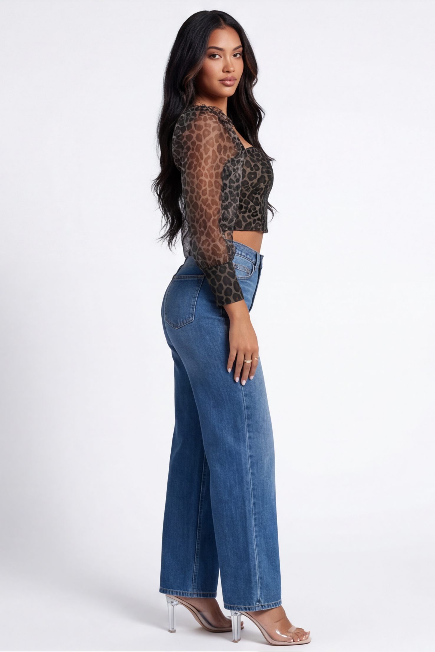 Savannah Sheer Sleeves Zip Front Leopard Print Crop Top