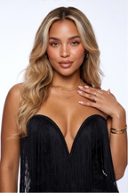 Scarlett Plunge Neck Fringe Strapless Bandage Mini Dress