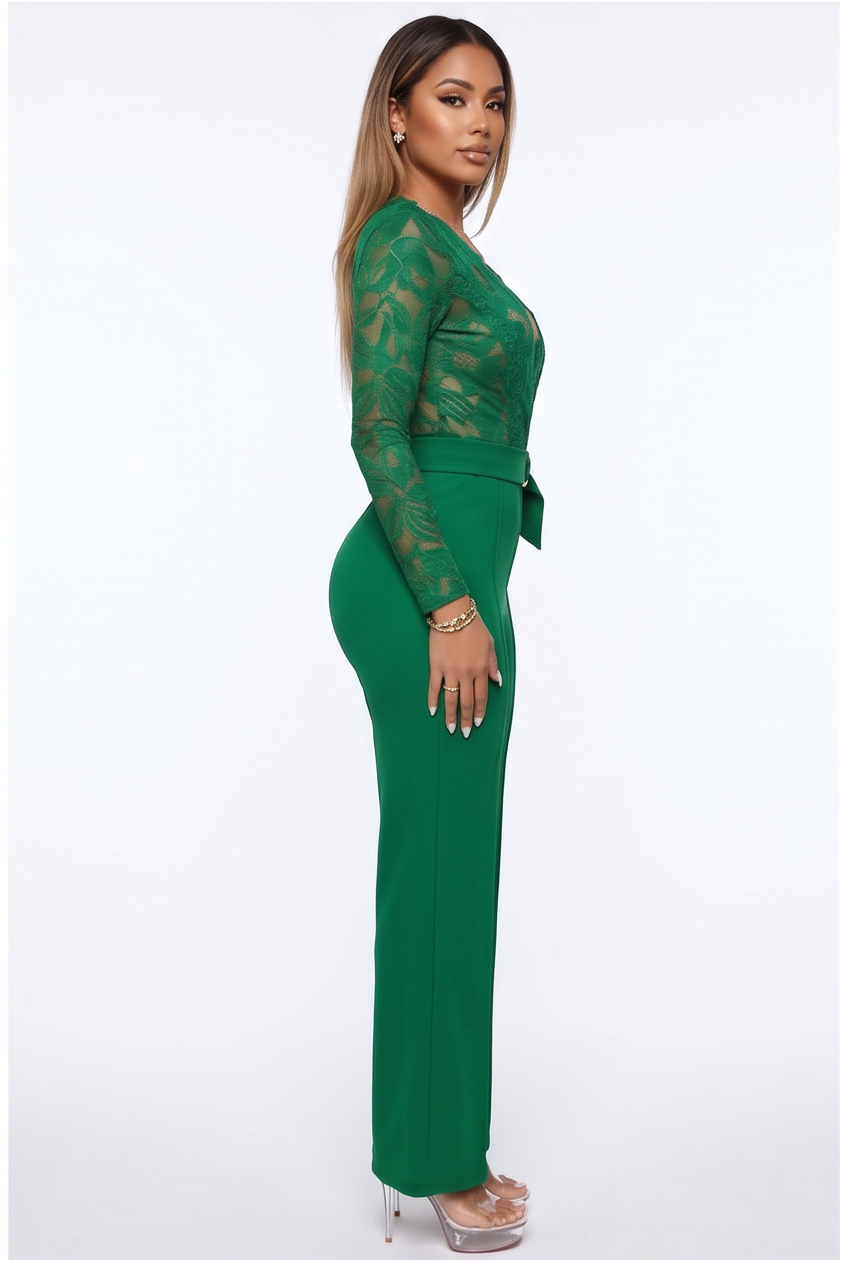 Green lace jumpsuit shown from multiple angles on a white background