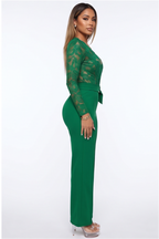 Green lace jumpsuit shown from multiple angles on a white background