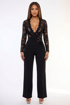 Black lace jumpsuit worn by a model on a white background