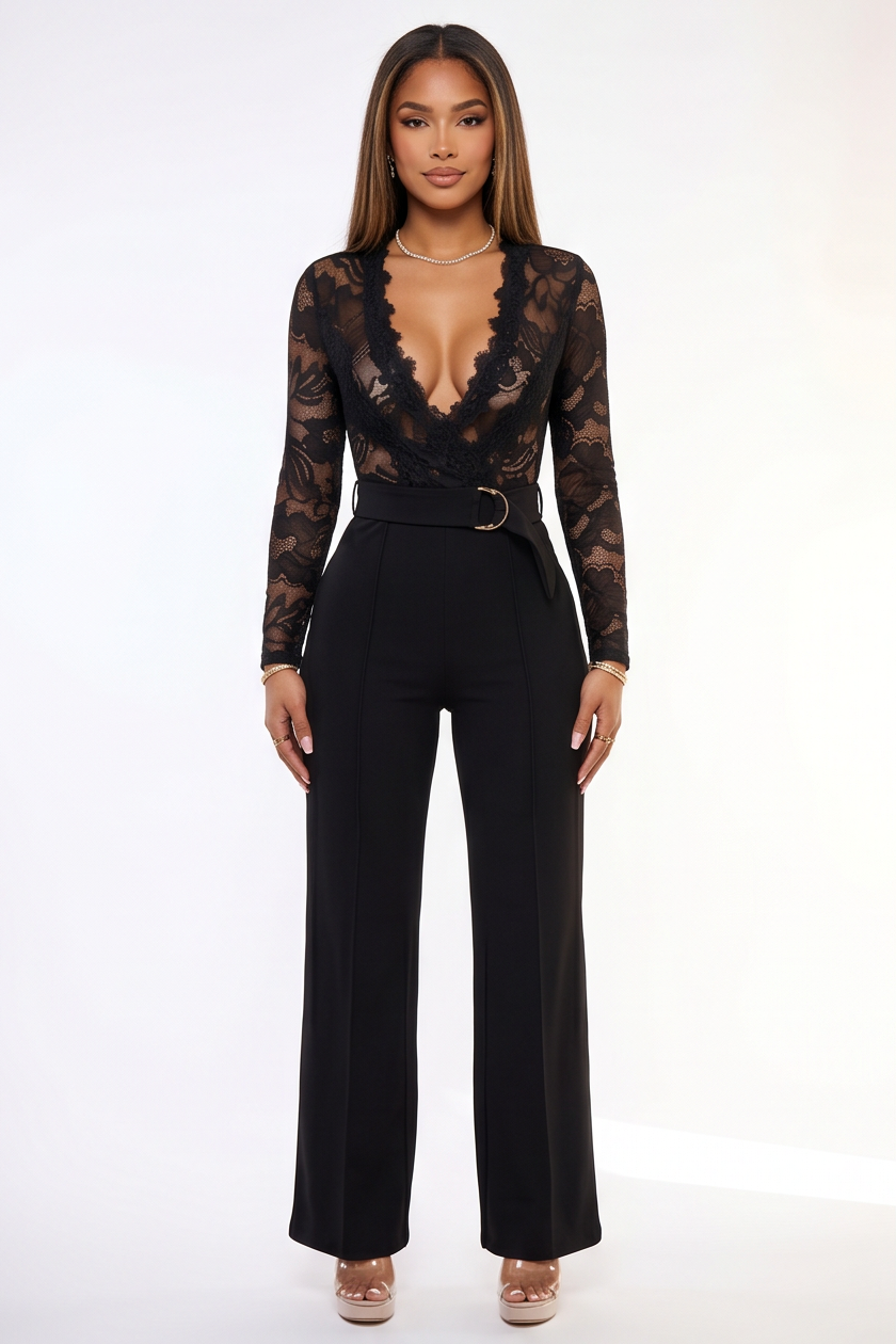 Black lace jumpsuit worn by a model on a white background