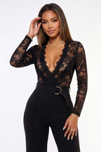 Simone Plunge Neck Lace Top Belted Jumpsuit