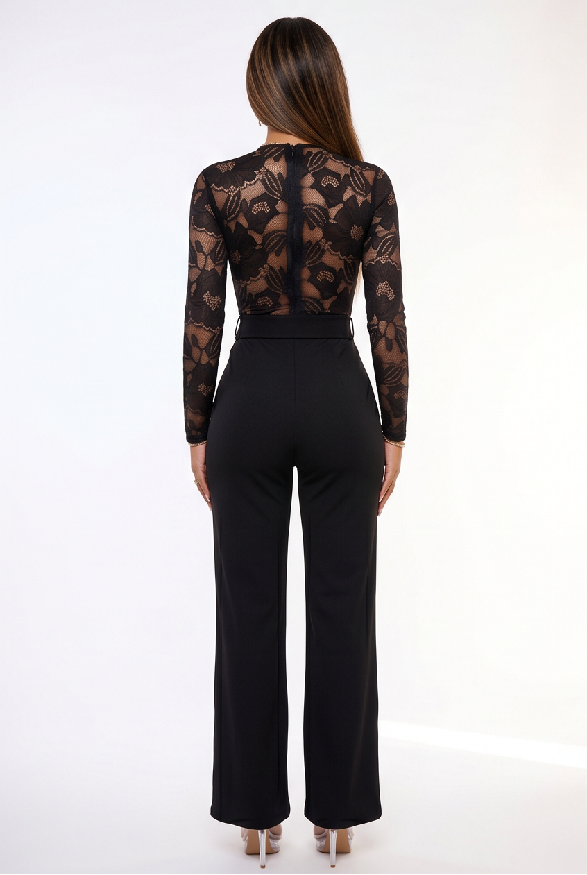 Simone Plunge Neck Lace Top Belted Jumpsuit
