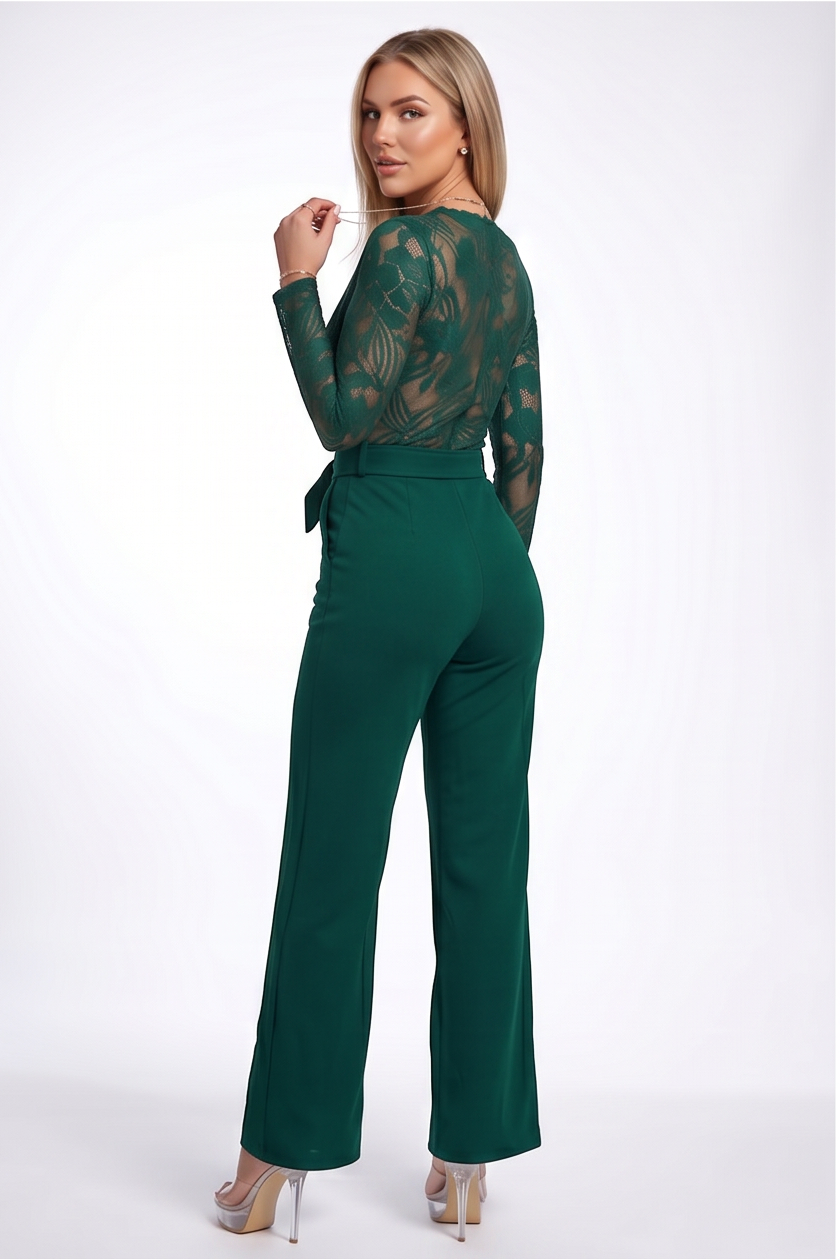 Simone Plunge Neck Lace Top Belted Jumpsuit