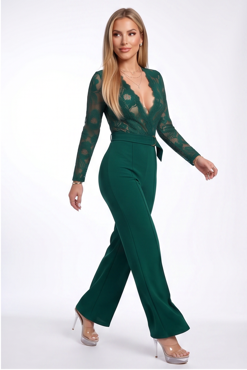Simone Plunge Neck Lace Top Belted Jumpsuit