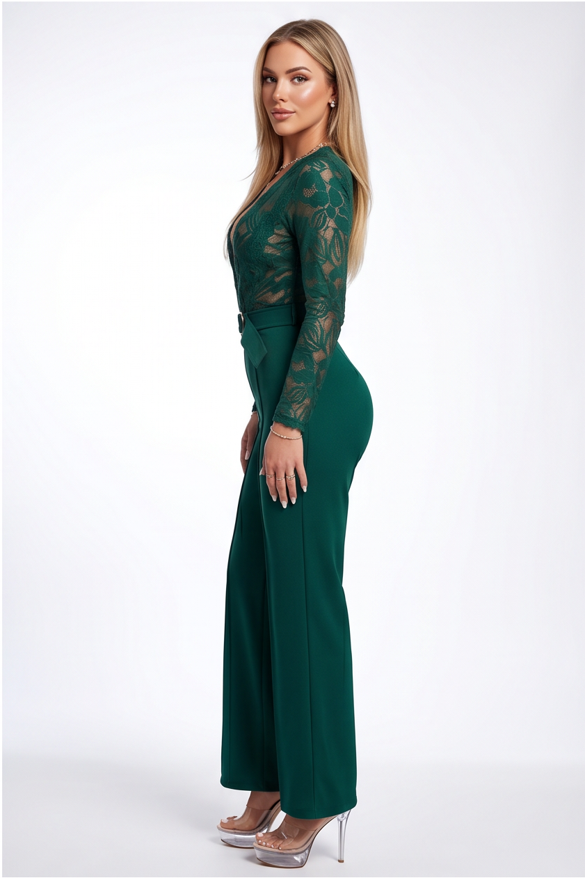 Simone Plunge Neck Lace Top Belted Jumpsuit