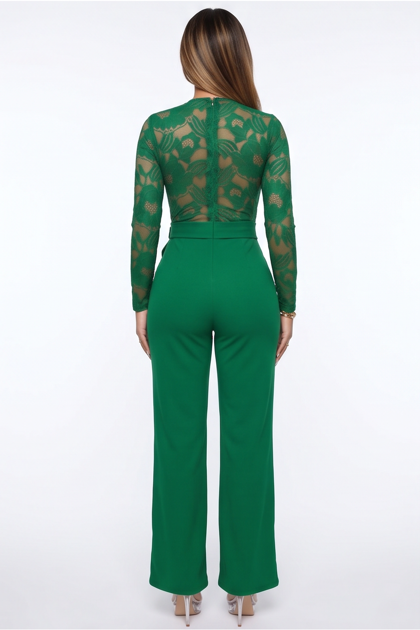 Green lace jumpsuit shown from multiple angles on a white background