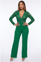 Green lace jumpsuit shown from multiple angles on a white background