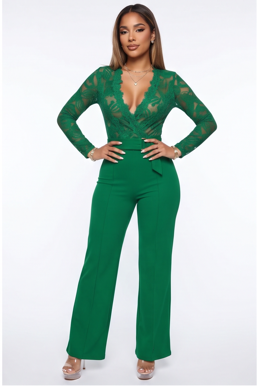 Green lace jumpsuit shown from multiple angles on a white background