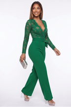 Simone Plunge Neck Lace Top Belted Jumpsuit