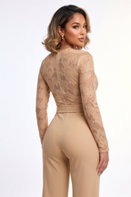 Simone Plunge Neck Lace Top Belted Jumpsuit